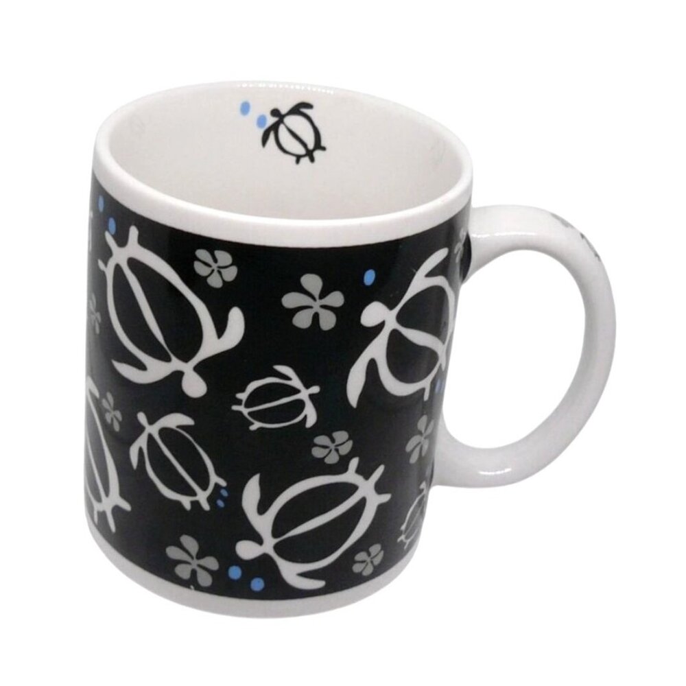 Honu Turtle Floral Ceramic Coffee Tea Mug Black White Hawaiian Design Vtg